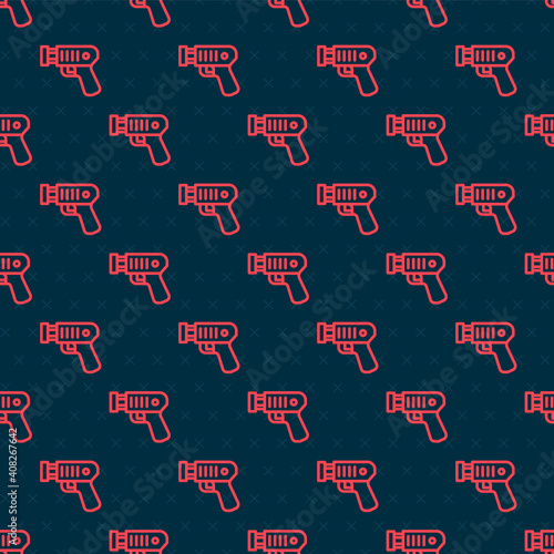 Red line Police electric shocker icon isolated seamless pattern on black background. Shocker for protection. Taser is an electric weapon. Vector.