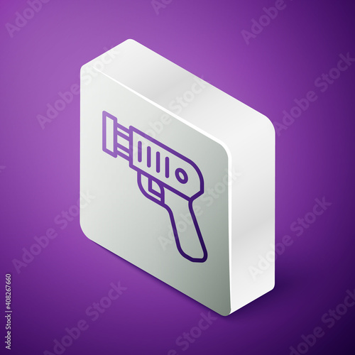 Isometric line Police electric shocker icon isolated on purple background. Shocker for protection. Taser is an electric weapon. Silver square button. Vector.