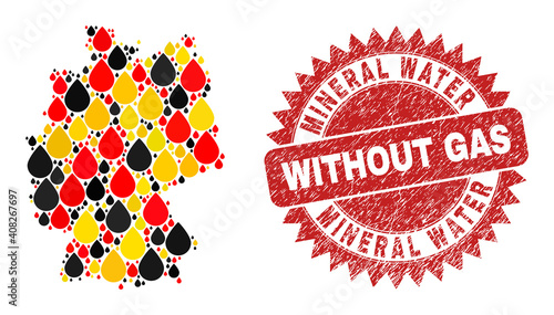 Germany map mosaic in German flag official colors - red, yellow, black, and rubber Mineral Water Without Gas red rosette stamp imitation.