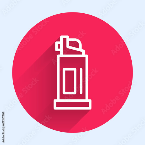 White line Pepper spray icon isolated with long shadow. OC gas. Capsicum self defense aerosol. Red circle button. Vector.