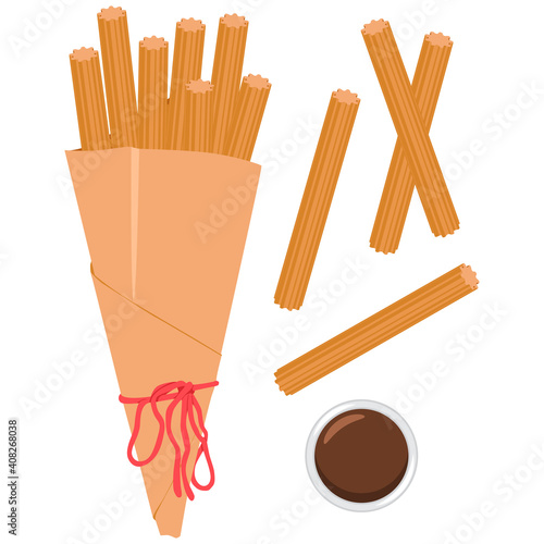 Churros in packet with sauce vector cartoon illustration isolated on a white background.