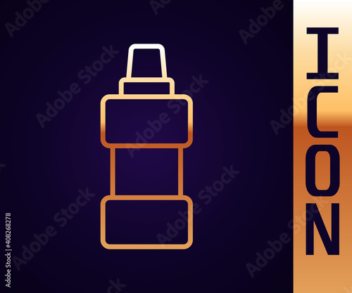 Gold line Plastic bottle for laundry detergent, bleach, dishwashing liquid or another cleaning agent icon isolated on black background. Vector.