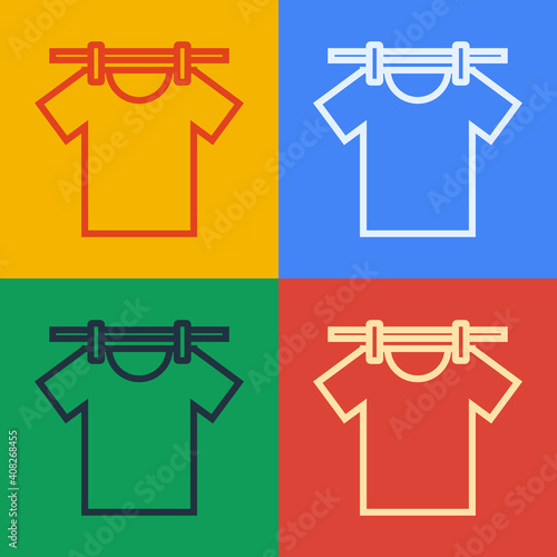 Pop art line Drying clothes icon isolated on color background. Clean shirt. Wash clothes on a rope with clothespins. Clothing care and tidiness. Vector.