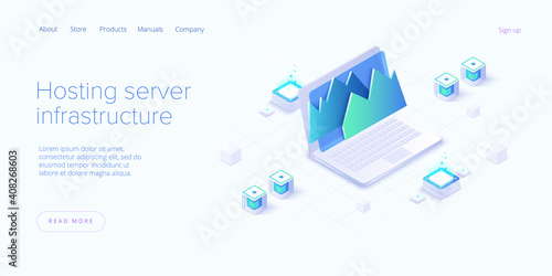 Big data analysis in isometric vector illustration. Abstract datacenter or data hosting server. Сomputer storage or workstation.