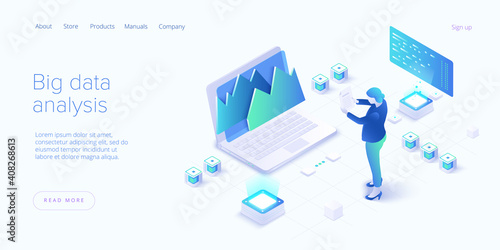 Big data analysis in isometric vector illustration. Abstract datacenter or data hosting server. .Computer storage or workstation.
