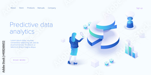 Predictive analytics in isometric vector illustration. Data mining, modelling and machine learning. Information statistics.