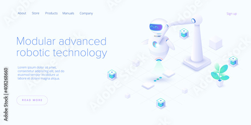 Modular advanced robotics in isometric vector illustration. Robot assembling with robo-hand. Web bznner layout template.