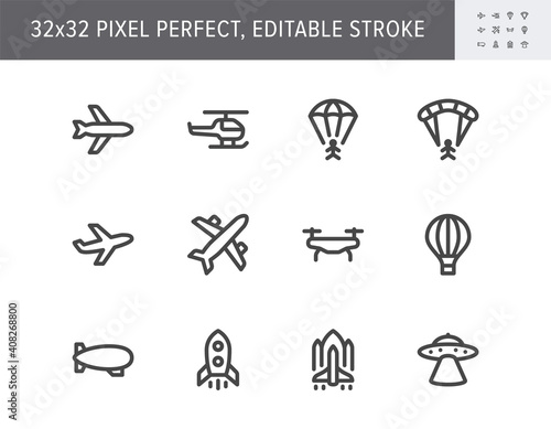 Air transport simple line icons. Vector illustration with minimal icon - airplane, balloon, ufo, helicopter, parachute, shuttle, drone, zeppelin pictogram. 32x32 Pixel Perfect. Editable Stroke