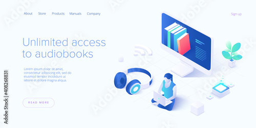 Woman or girl with headphones listening to audiobook. Audio book online service in isometric vector illustration. Internet podcast app.
