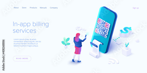 In-app billing service in isometric vector illustrations. Mobile payment with qr code scan. Cell phone app to pay bills. Web banner template.