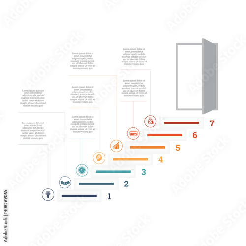 Ladder of success, leading up to an open door. Successful business strategy concept in infographics. Universal template 7 position