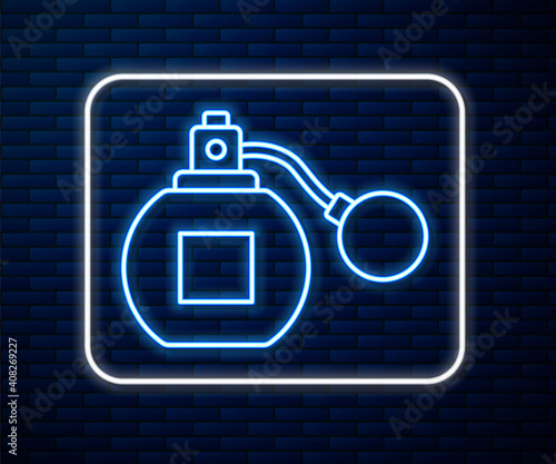 Glowing neon line Perfume icon isolated on brick wall background. Vector.