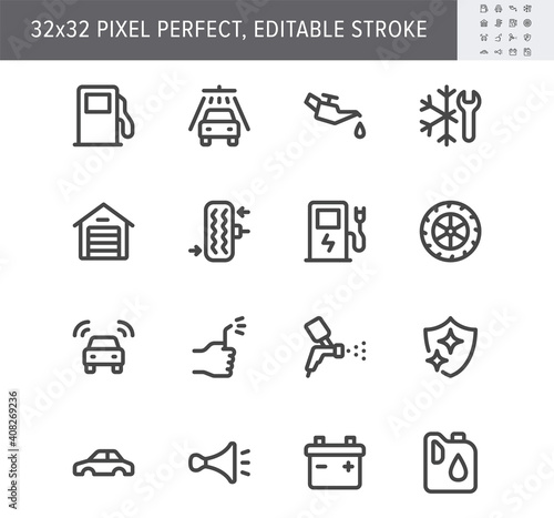 Transport car service simple line icons. Vector illustration with minimal icon - battery, air conditioner, garage, detailing, horn, wash, oil canister pictogram. 32x32 Pixel Perfect Editable Stroke