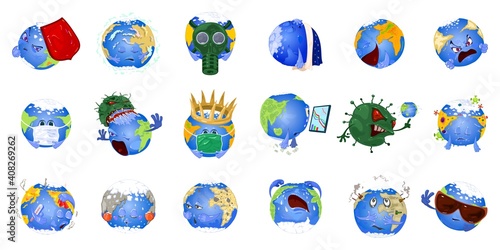 Collection of planet earth suffer from illness, infection, war, damage, crisis and fires. Vector planet experience different emotions from people actions. Help planet idea isolated on beige background