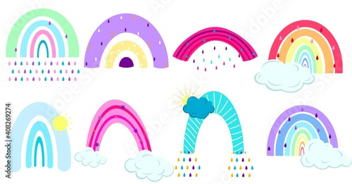 Hand-drawn abstract rainbow in the sky in cartoon style. Template for a logo. Vector set. Childrens illustrations. Rainbow in different shapes. Multi-colored objects of different shapes