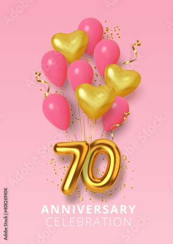 70th Anniversary celebration Number in the form heart of golden and pink balloons. Realistic 3d gold numbers and sparkling confetti, serpentine. Vector