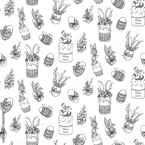 Easter cake and eggs seamless pattern. Pannettone, Paska, Pudding. Doodle hand draw vector. Outline illustration. Perfect for holiday design packaging, paper. Easter holiday white and black background