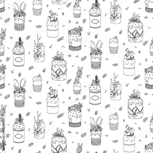 Easter cake seamlessly pattern. Pannettone, Paska, Pudding. Doodle hand draw vector item. Outline illustration. Perfect for holiday design packaging, paper. Easter holiday white and black background.