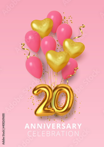 20th Anniversary celebration Number in the form heart of golden and pink balloons. Realistic 3d gold numbers and sparkling confetti, serpentine. Vector