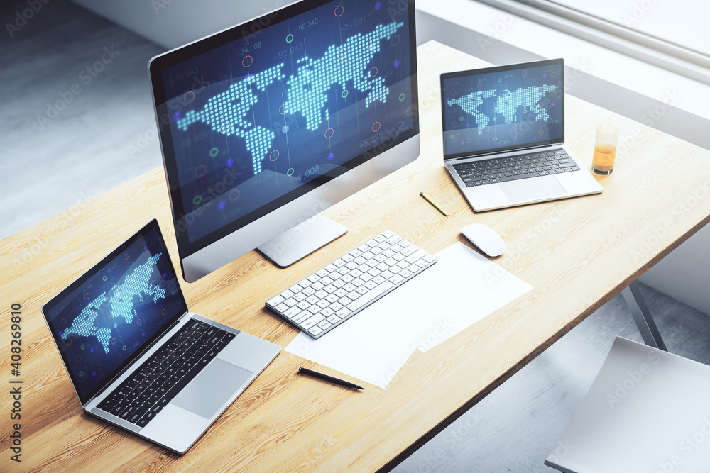 Fototapeta premium Modern computer display with abstract graphic world map, big data and networking concept. 3D Rendering