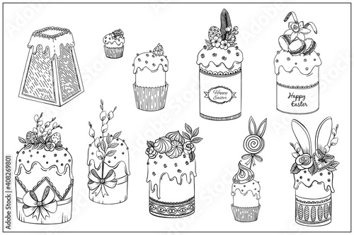 Easter cake set. Pannettone, Paska, Pudding. Doodle hand draw vector item. Outline illustration. Perfect for holiday design packaging, paper. Isolate.