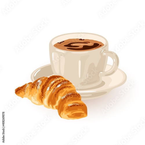 Cup of hot chocolate with delicious pastry. Vector homemade baking with drink for breakfast or lunch. Tasty bakery, cooking food, sweets design isolated on white background