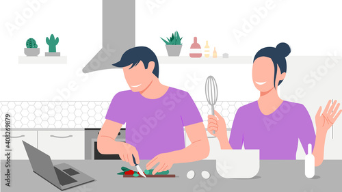 Happy couple looks on laptop and cooking by online video tutorial in their kitchen. Online culinary school. Online courses, e-learning. Eps 10.