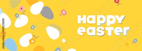 Happy Easter banner template. Eggs, flowers in abstract cut out style isolated on yellow. Lettering of the spring festival in a simple style. Postcard, invitation for social media. Vector illustration