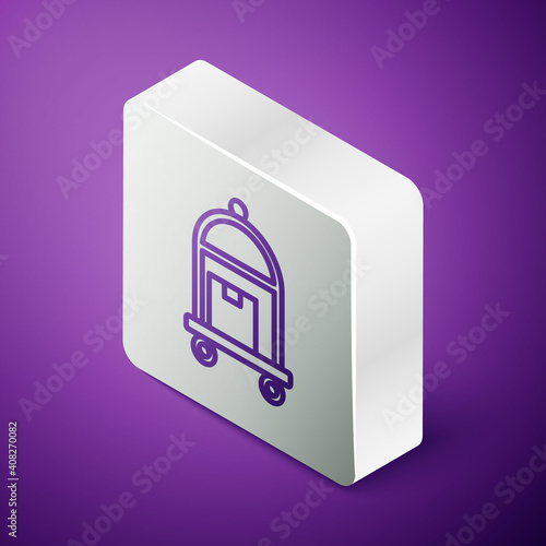 Isometric line Hotel luggage cart with suitcase icon isolated on purple background. Traveling baggage sign. Travel luggage icon. Silver square button. Vector.