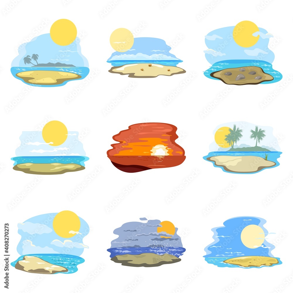 Collection of summer landscape, beach and coastline with ocean, sunbathing and relax on vacation. Vector golden sand, palm tree, oasis and paradise design isolated on white background