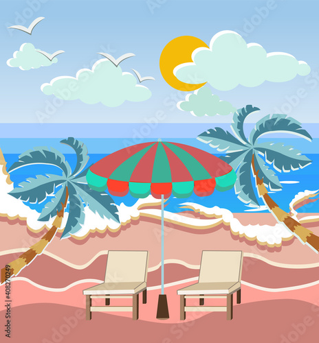 Summer Vacation Loungers and beach umbrella on the sand coast.