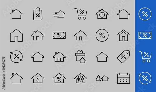 Simple set of line vector home icons. Contains house symbols at interest, infuse house and more. Editable stroke. 480x480 pixels perfect