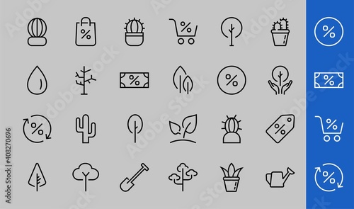 A set of Rosteniya Icons, and garden care, Vector illustration, Contains Icons such as tree, cactus, watering can, spade, flower and much more. on a white background, editable bar 480x480