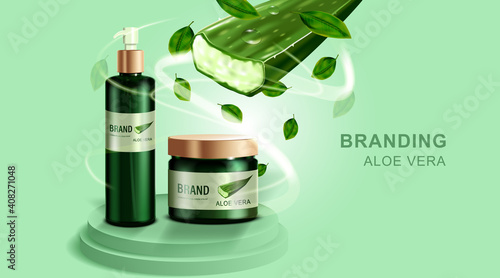 Cosmetics or skincare product. Bottle mockup and Aloe vera with green background. vector illustration.