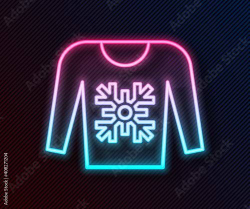 Glowing neon line Christmas sweater with norwegian ornaments and holidays decorations icon isolated on black background. Knitted winter jumper. Vector.