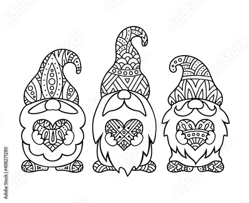 Gnomes holding hearts. Outline vector illustration. Zentangle style gnomes for coloring books or pages. Cute characters for valentine's day.