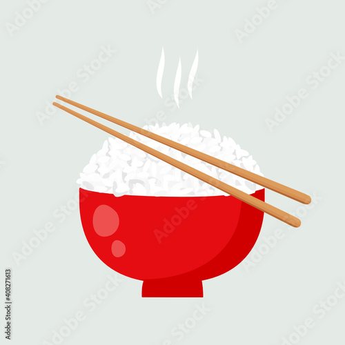 Rice bowl and chopsticks icon on white background vector illustration.