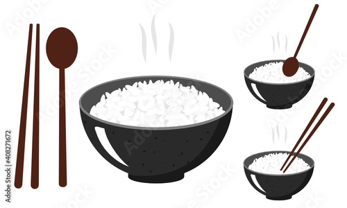 Rice bowl set with spoon and chopsticks icon on white background vector illustration.