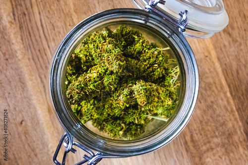 Cannabis inside of a mason jar.