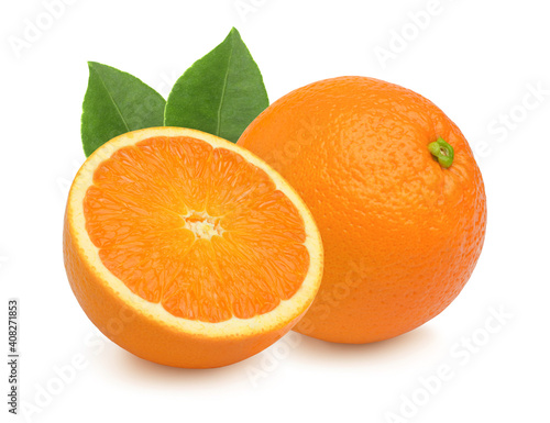 Orange fruit half and leaves isolated on white background.