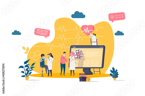 Medicine concept in flat style. Doctor examining patient in clinic scene. Modern diagnostics and treatment, cardiology department banner. Vector illustration with people characters in work situation.