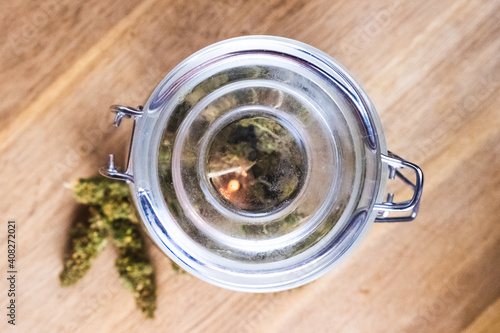 Cannabis inside of a mason jar