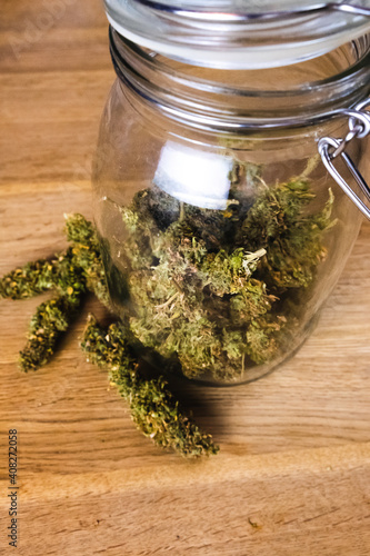 Cannabis inside of a mason jar