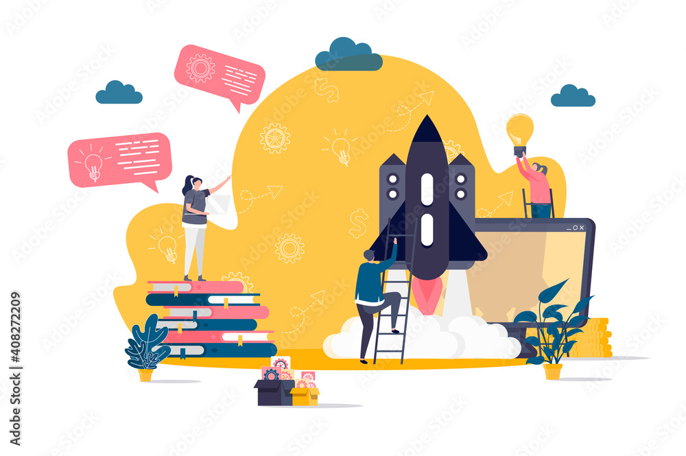 Startup project concept in flat style. Team of startup founders launching new project scene. Innovation solution development web banner. Vector illustration with people characters in work situation. Startup project concept in flat style. Team of startup founders launching new project scene. Innovation solution development web banner. Vector illustration with people characters in work situation.
