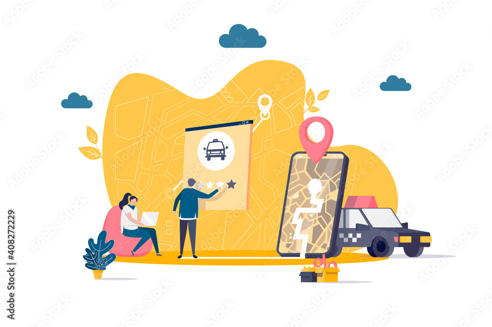 Taxi service concept in flat style. Man ordering taxi online scene. Taxi web application, booking service, passenger transportation banner. Vector illustration with people characters in situation.