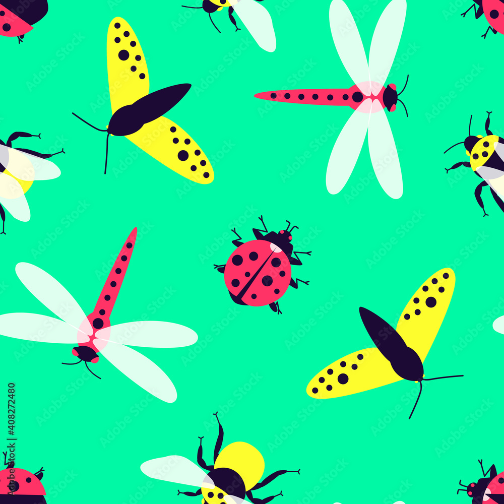 Close-up seamless pattern with insects - butterfly, bumblebee, dragonfly, ladybug on a green background. Colorful summer meadow for fabric design. Flat vector illustration.