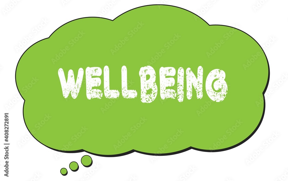 WELLBEING text written on a green thought bubble. WELLBEING text written on a green thought bubble.