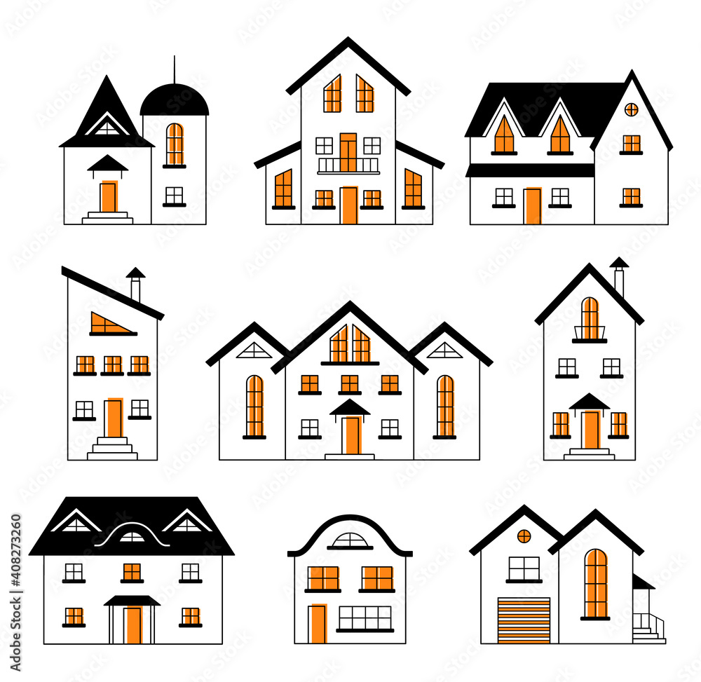 Set of houses and buildings in trendy monochrome style. Outline city design elements. Vector line icons on the construction theme. Templates for creating a panorama of the city.