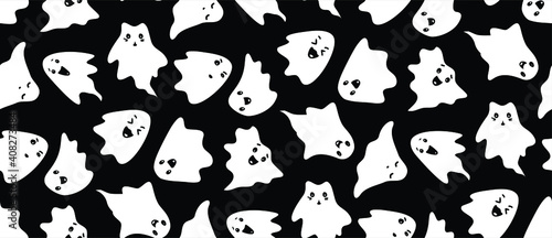 Doodle seamless pattern with fun Halloween vector ghosts. Simple funny characters play in the terrible creepy ghost monsters.