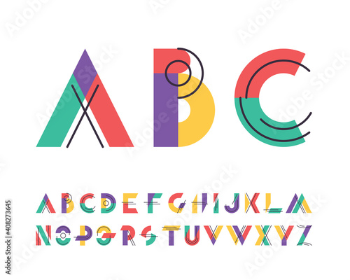 Lines and colorful blocks' latin font, graphical decorative alphabet.
